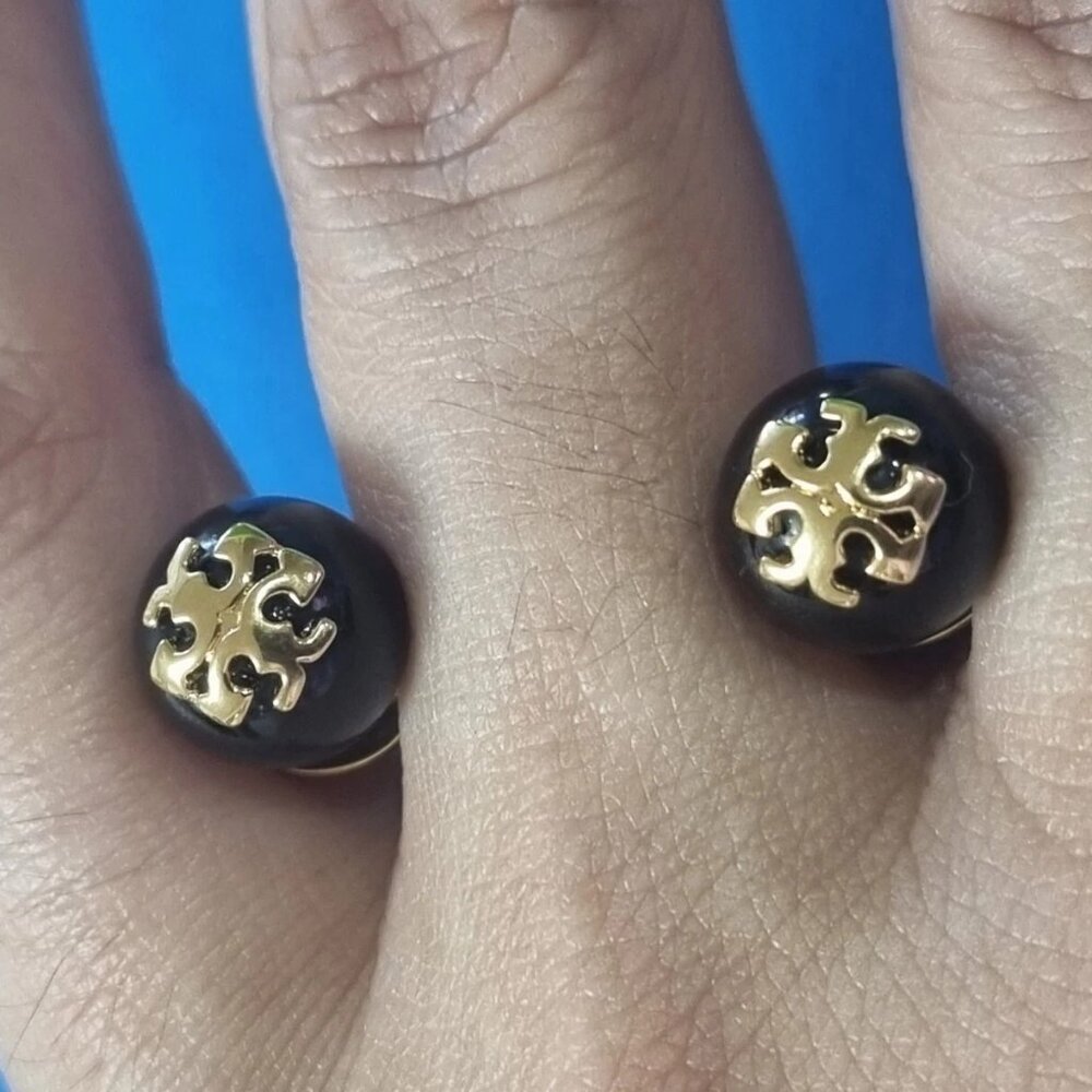 Tory Burch Black Crystal Pearl Logo Stud Earrings
